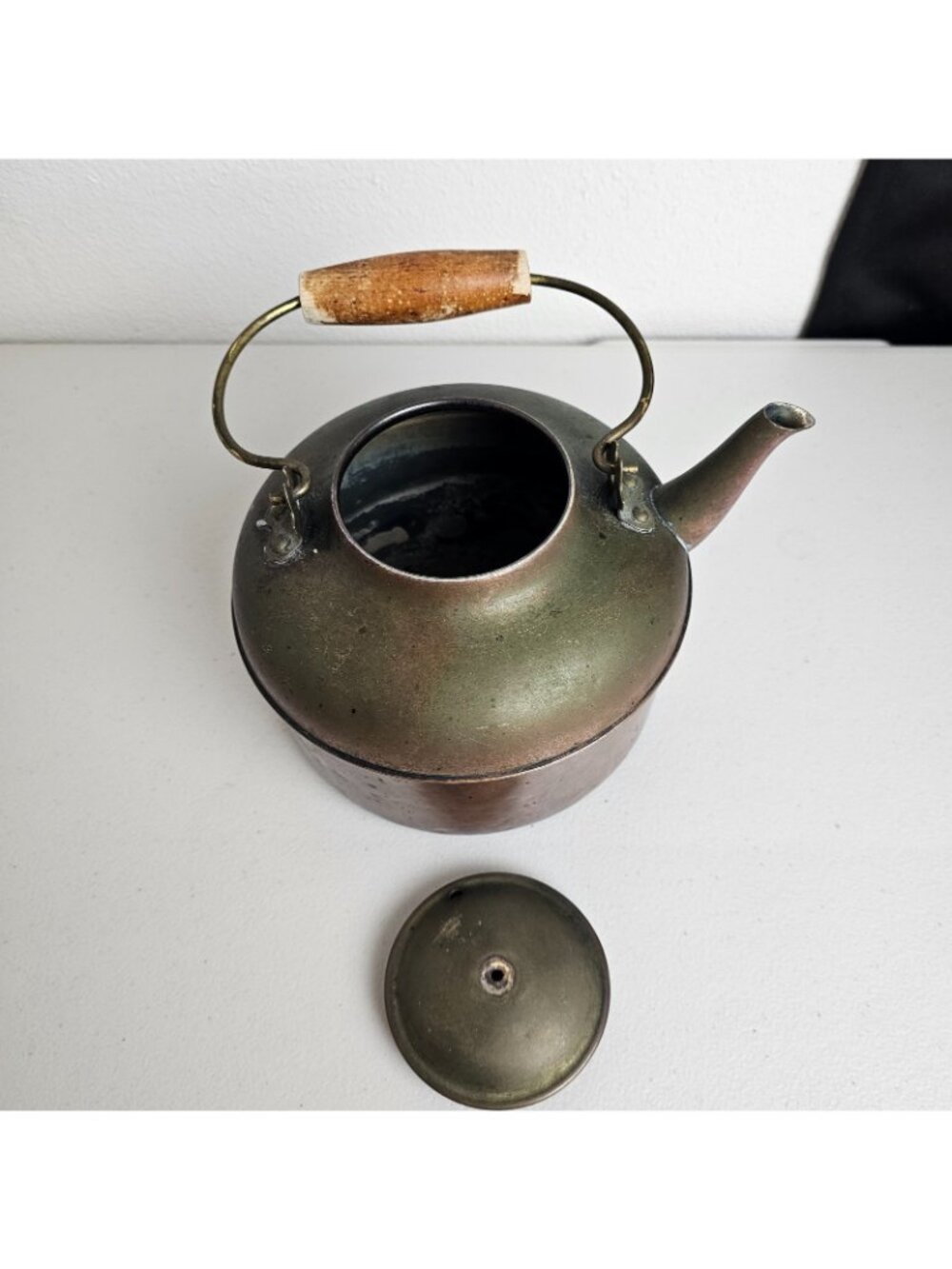 Vintage Copper Teapot Kettle Wood Handle Primitive Rustic Farmhouse Decor Only - Picture 4 of 8